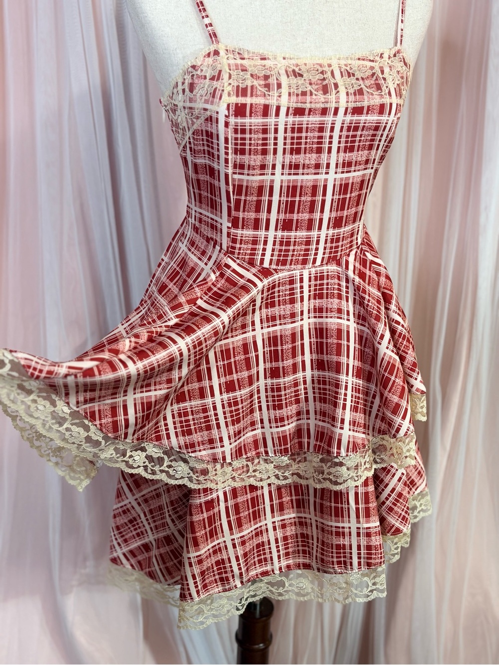 Red Plaid Lace Tiered Cottagecore Coquette Mini Dress Size M - Picture 2 of 16